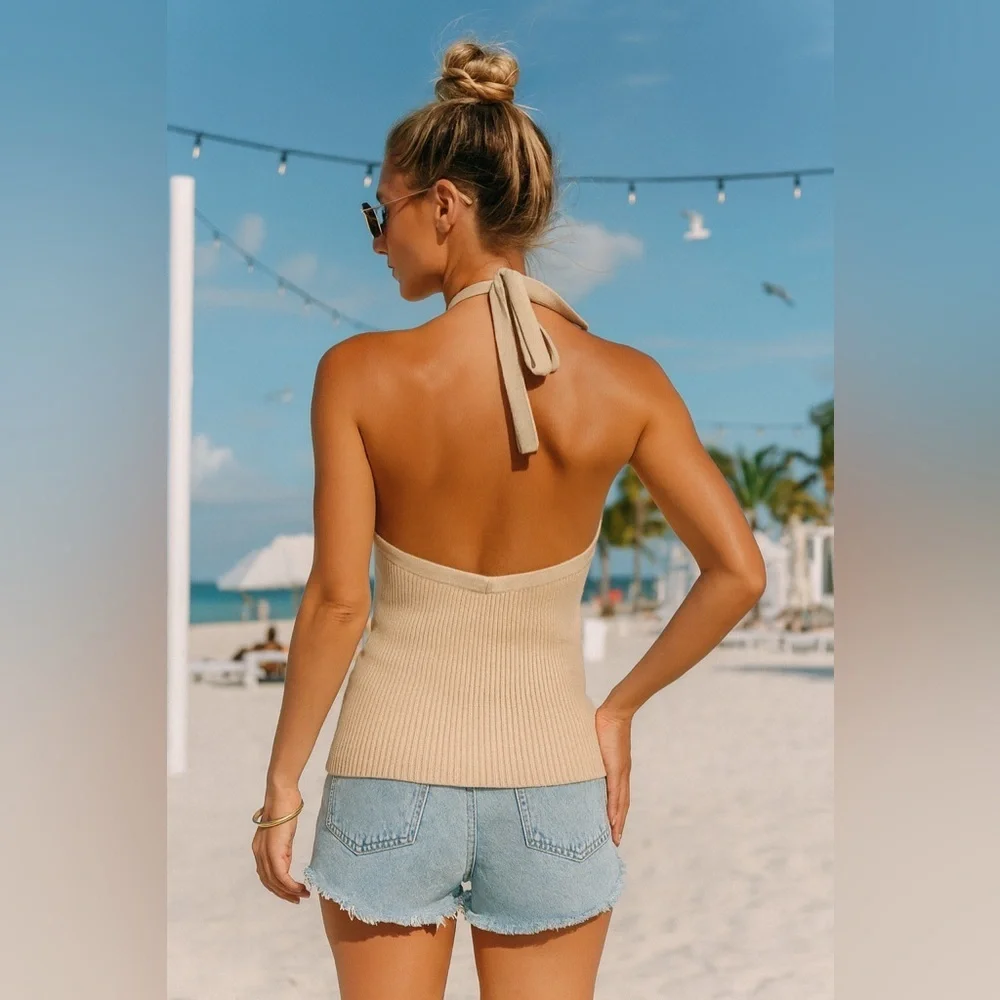 J Crew Khaki Cashmere Blend Sweater Knit Halter Tie Retro Tank Top NWT 2X #1765